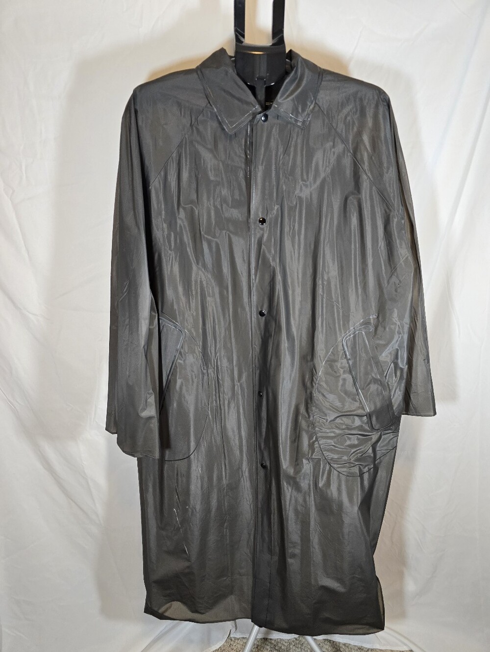 Vintage Men's Black Long Vinyl Raincoat with Snap Front